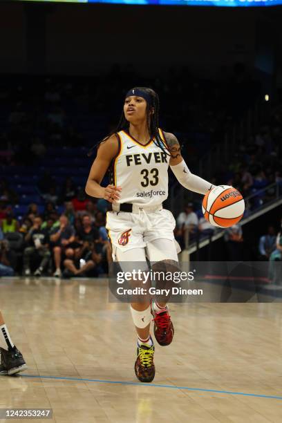 Destanni Henderson of the Indiana Fever handles the ball during the game against the Dallas Wings on August 5, 2022 at the Wintrust Arena in Chicago,...