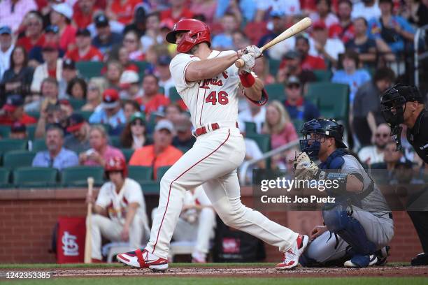 Paul Goldschmidt of the St. Louis Cardinals hits a double against the New York Yankees in the first inning at Busch Stadium on August 6, 2022 in St....