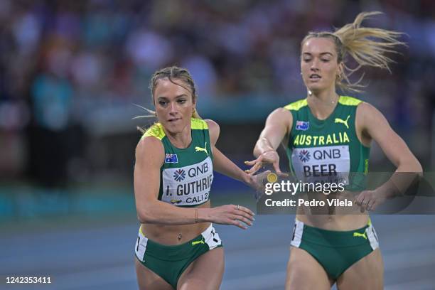 Isabella Guthrie and Ellie Beer of Team Australia compete in the Women's 4x400m Final on last day of the World Athletics U20 Championships Cali 2022...