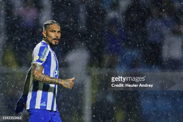 Paolo Guerrero of Avai gestures during a match between Avai and Corinthians as part of Brasileirao 2022 at Estadio da Ressacada on August 06, 2022 in...