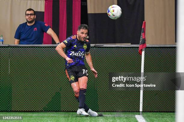 Seattle midfielder Nicolas Lodeiro takes a corner kick during the MLS match between Seattle Sounders FC and Atlanta United FC on August 6th, 2022 at...