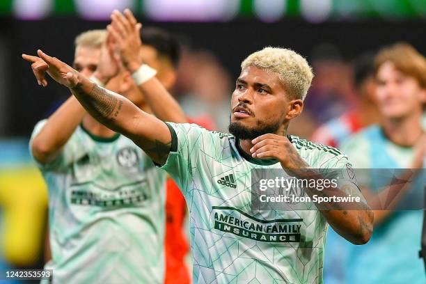 Atlanta forward Josef Martinez acknowledges the fans following the conclusion of the MLS match between Seattle Sounders FC and Atlanta United FC on...