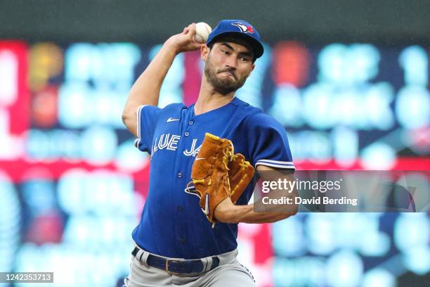 Mitch White of the Toronto Blue Jays delivers a pitch against the Minnesota Twins in the first inning of the game at Target Field on August 6, 2022...
