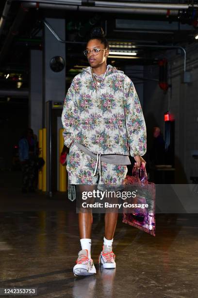 Diamond DeShields of the Phoenix Mercury arrives to the arena prior to the game against the New York Liberty on August 6, 2022 at Footprint Center in...