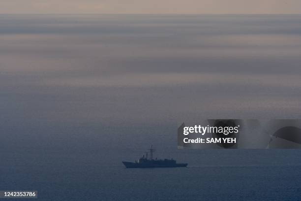 Taiwanese military vessel patrols near the east coast in Yilan county on August 7, 2022. - Taiwan accused the Chinese army of simulating an attack on...