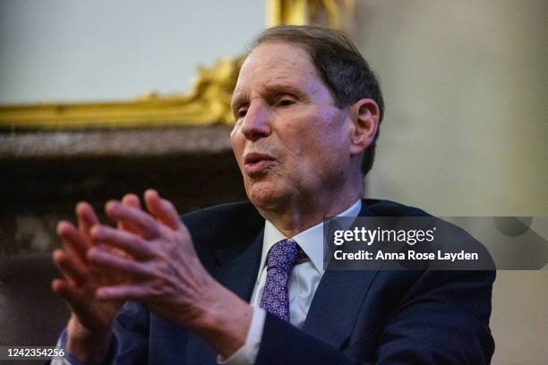 Sen. Ron Wyden speaks to members of the press in the Senate Press Gallery late in the evening on August 6, 2022. The U.S. Senate plans to work...