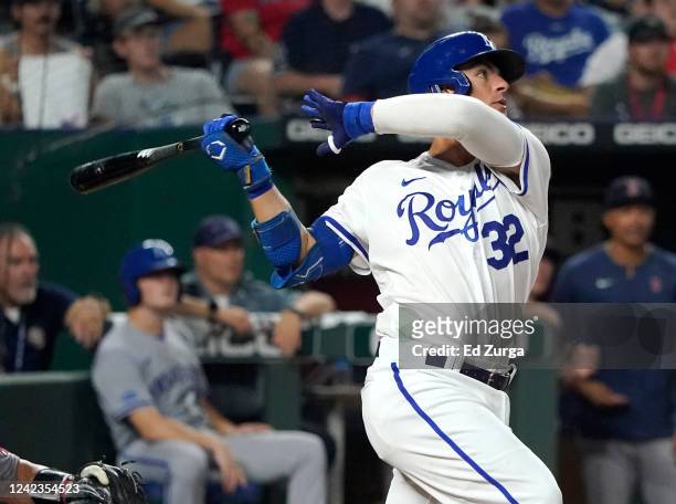 Nick Pratto of the Kansas City Royals hits a walk-off home run in the ninth inning against the Boston Red Sox at Kauffman Stadium on August 06, 2022...