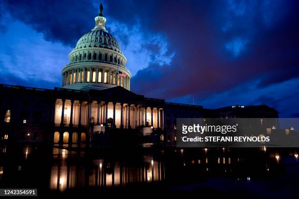 The US Capitol is seen in Washington, DC, on August 6, 2022. - After 18 months, a possible victory for Joe Biden's social and climate reform...