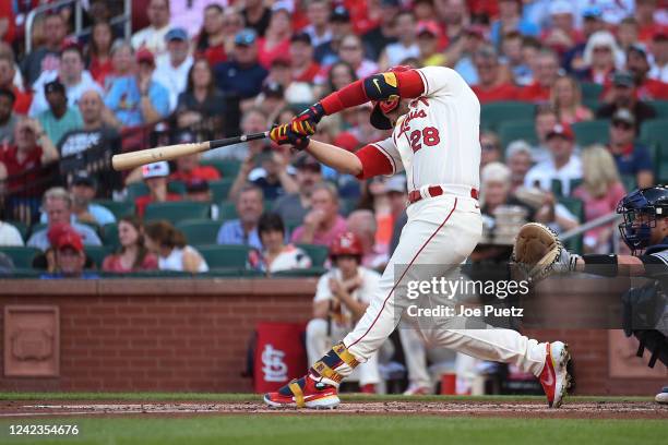 Nolan Arenado of the St. Louis Cardinals hits an RBI single against the New York Yankees in the first inning at Busch Stadium on August 6, 2022 in...