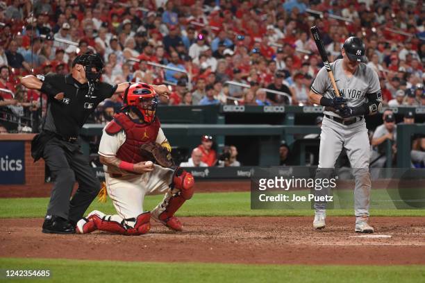 Josh Donaldson of the New York Yankees reacts after striking out against the St. Louis Cardinals in the ninth inning at Busch Stadium on August 6,...