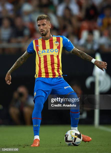 Samu Castillejo of Valencia competes during the Trofeo Naranja match between Valencia and Atalanta at Mestalla Stadium in Valencia, Spain on August...