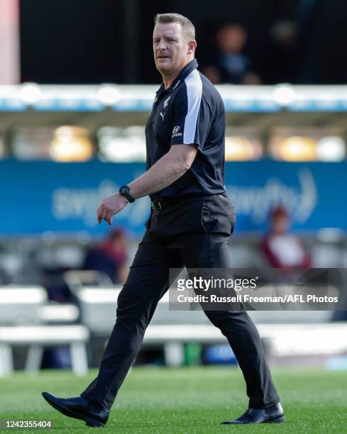 Michael Voss, Senior Coach of the Blues is seen before the 2022 AFL Round 21 match between the Brisbane Lions and the Carlton Blues at The Gabba on...