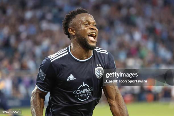 Sporting Kansas City forward William Agada is all smiles after scoring his second goal of the first half of an MLS match between Sporting KC and the...