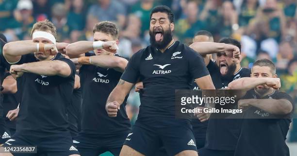 All Blacks perform the haka before The Rugby Championship match between South Africa and New Zealand at Mbombela Stadium on August 06, 2022 in...