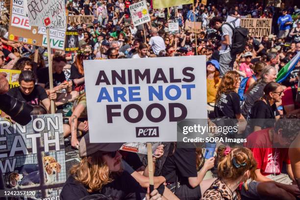 Protester holds a placard which states "Animals are not food" during the demonstration in Trafalgar Square. Thousands of people marched through...