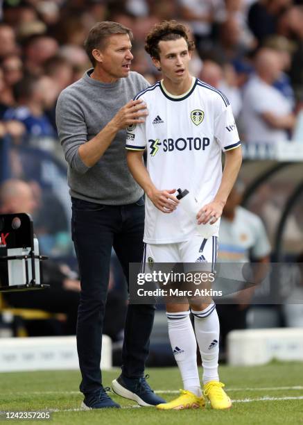 Leeds manager Jesse Marsch with Brenden Aaronson during the Premier League match between Leeds United and Wolverhampton Wanderers at Elland Road on...