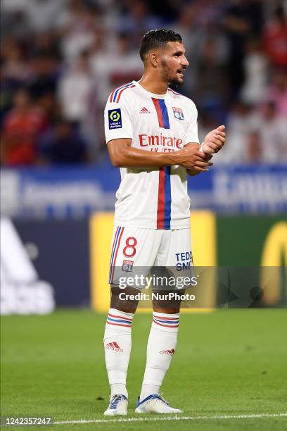 Houssem Aouar of Olympique Lyonnais during the Ligue 1 match between Olympique Lyonnais and AC Ajaccio at Groupama Stadium on August 5, 2022 in Lyon,...