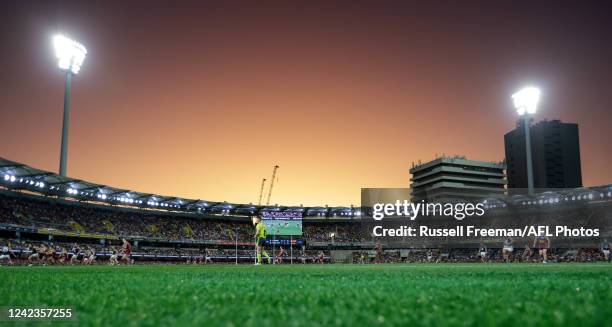 General view of the 2022 AFL Round 21 match between the Brisbane Lions and the Carlton Blues at The Gabba on August 7, 2022 in Brisbane, Australia.