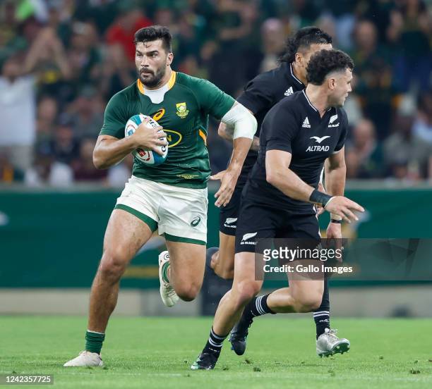 Damien de Allende of South Africa during The Rugby Championship match between South Africa and New Zealand at Mbombela Stadium on August 06, 2022 in...