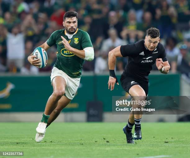 Damien de Allende of South Africa during The Rugby Championship match between South Africa and New Zealand at Mbombela Stadium on August 06, 2022 in...