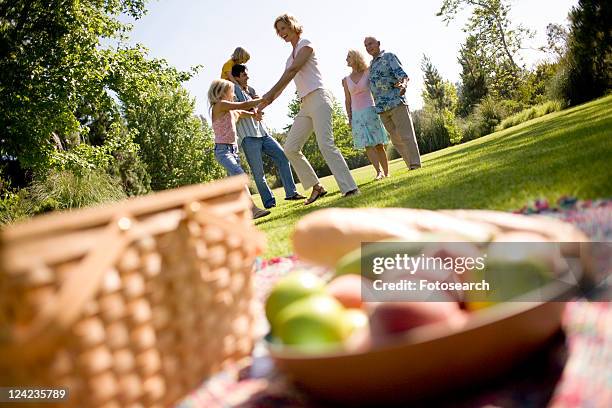 grandparents and family in park - mom flirting stockfoto's en -beelden