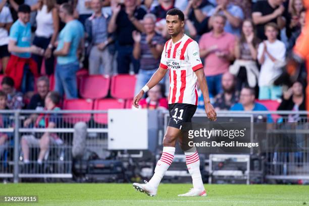 Cody Gakpo of PSV Eindhoven Celebrates after scoring his teams goal during the Dutch Eredivisie match between PSV Eindhoven and FC Emmen at Philips...