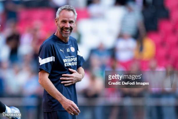 Andre Ooijer Looks on prior to the Dutch Eredivisie match between PSV Eindhoven and FC Emmen at Philips Stadion on August 6, 2022 in Eindhoven,...