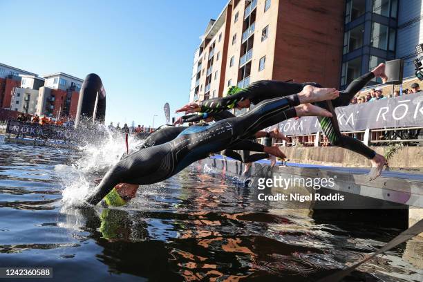 Athletes compete during the swim section of IRONMAN 70.3 Swansea on August 7, 2022 in Cardiff, United Kingdom.