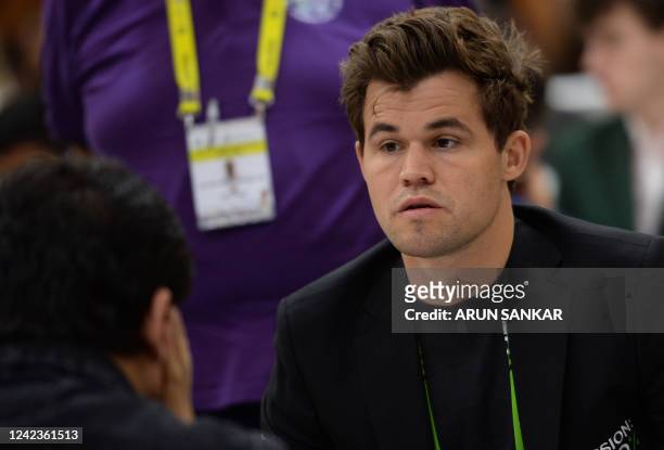 Norways Magnus Carlsen gestures during his round 9 game against the Indonesias team at the 44th Chess Olympiad 2022, in Mahabalipuram on August 7,...