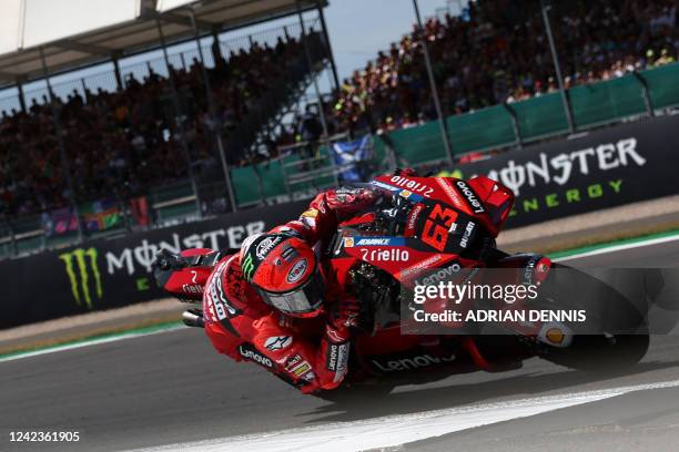 Ducati Lenovo's Italian rider Francesco Bagnaia leads during the MotoGP race of the British Grand Prix at Silverstone circuit in Northamptonshire,...