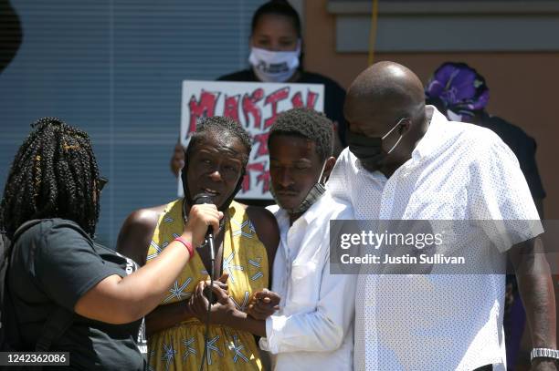 Sekyiwa Shakur, sister of the late American rapper and actor Tupac Shakur, talks to protesters during a demonstration to honor of George Floyd on...