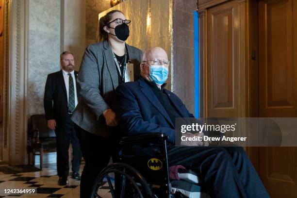 Sen. Pat Leahy exits the Senate Chamber during amendment votes, also called the "vote-a-rama", on the Inflation Reduct Act at the U.S. Capitol August...