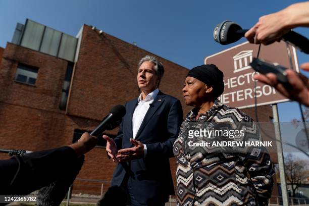 Secretary of State Antony Blinken and Antoinette Sithole, the sister of late Hector Pieterson, killed during the Soweto uprising as he was 12, make a...