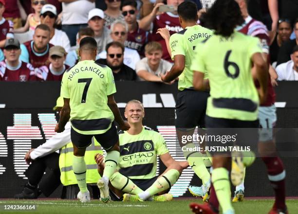 Manchester City's Norwegian striker Erling Haaland celebrates after scoring the opening goal from the penalty spot during the English Premier League...