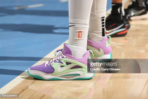 The sneakers worn by Jonquel Jones of the Connecticut Sun during the game against the Chicago Sky on August 7, 2022 at the Wintrust Arena in Chicago,...