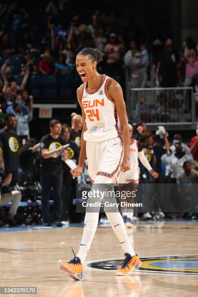DeWanna Bonner of the Connecticut Sun celebrates during the game against the Chicago Sky on August 7, 2022 at the Wintrust Arena in Chicago,...