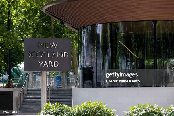 The Metropolitan Police revolving sign their headquarters at New Scotland Yard in Westminster on 13th July 2022 in London, United Kingdom. Scotland...