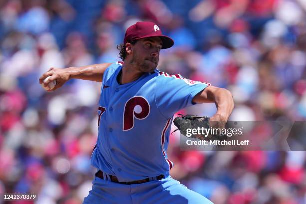 Aaron Nola of the Philadelphia Phillies throws a pitch in the top of the second inning against the Washington Nationals at Citizens Bank Park on...