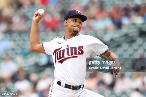 Chris Archer of the Minnesota Twins delivers a pitch against the Toronto Blue Jays in the first inning of the game at Target Field on August 7, 2022...