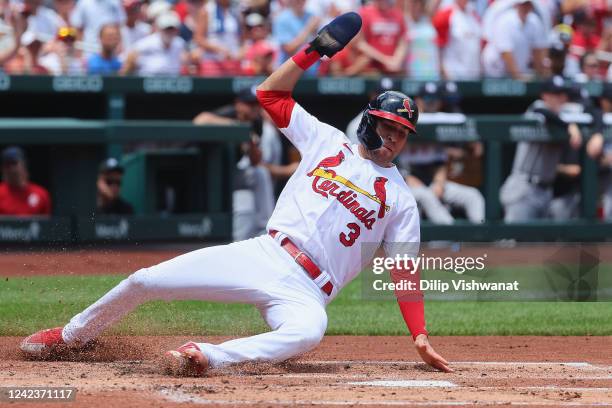 Dylan Carlson of the St. Louis Cardinals scores a run against the New York Yankees in the first inning at Busch Stadium on August 7, 2022 in St...