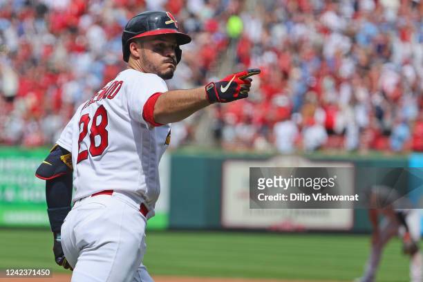 Nolan Arenado of the St. Louis Cardinals points to the dugout after hitting a three-run home run against the New York Yankees in the second inning at...