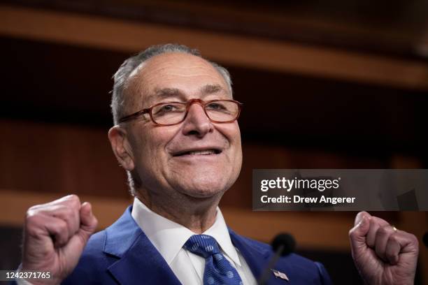 Senate Majority Leader Chuck Schumer speaks during a news conference after passage of the Inflation Reduction Act at the U.S. Capitol August 7, 2022...