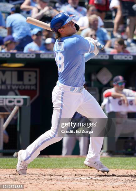 Nate Eaton of the Kansas City Royals hits a double in the fifth inning against the Boston Red Sox at Kauffman Stadium on August 07, 2022 in Kansas...