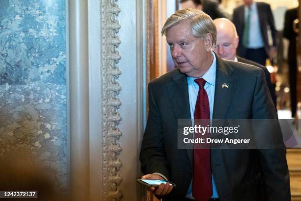 Sen. Lindsey Graham leaves the Senate Chamber after final passage of the Inflation Reduction Act at the U.S. Capitol August 7, 2022 in Washington,...