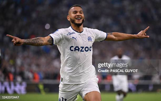 Marseille's Colombian forward Luis Suarez celebrates scoring the 3-0 goal during the French L1 football match between Olympique de Marseille and...