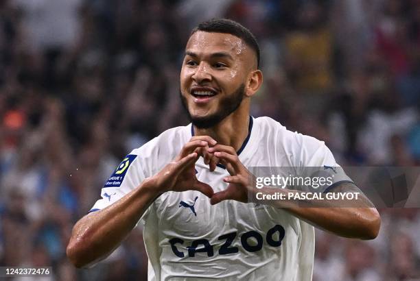 Marseille's Colombian forward Luis Suarez celebrates scoring the 3-0 goal during the French L1 football match between Olympique de Marseille and...