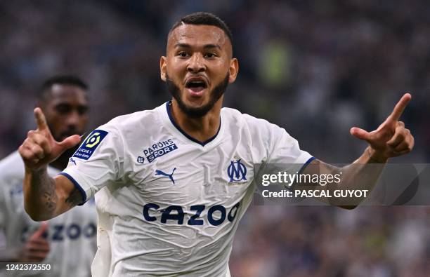 Marseille's Colombian forward Luis Suarez celebrates scoring the 3-0 goal during the French L1 football match between Olympique de Marseille and...