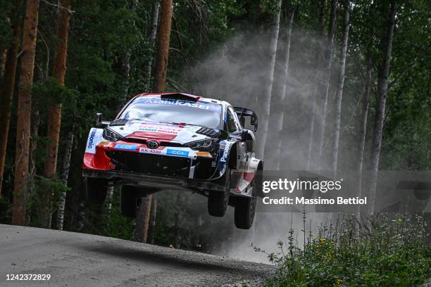 Kalle Rovanpera of Finland and Jonne Halttunen of Finland compete with their Toyota Gazoo Racing WRT Toyota GR Yaris Rally1 Hybrid during Day Four of...