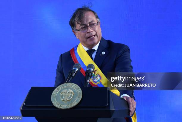 Colombia's new President Gustavo Petro delivers a speech after swearing in during his inauguration ceremony at Bolivar Square in Bogota, on August 7,...