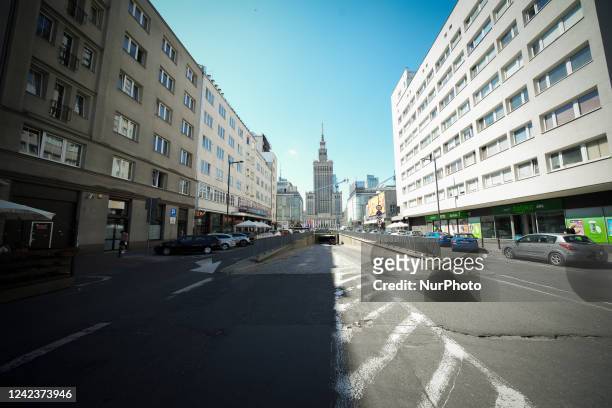 The Palace of Culture and Sciences is seen from the Eastern part of Zlota street in Warsaw, Poland on 7 August, 2022.